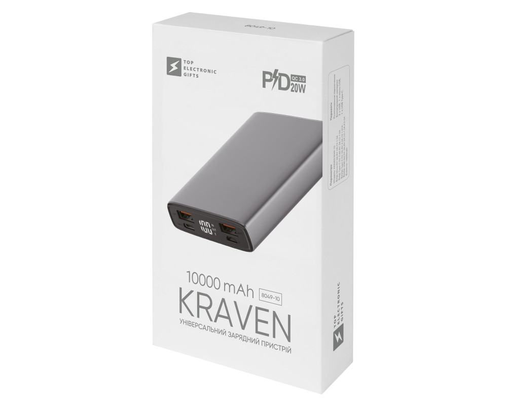 Універсальний зарядний пристрій Kraven 10000 mAh, TM TEG — Сірий
